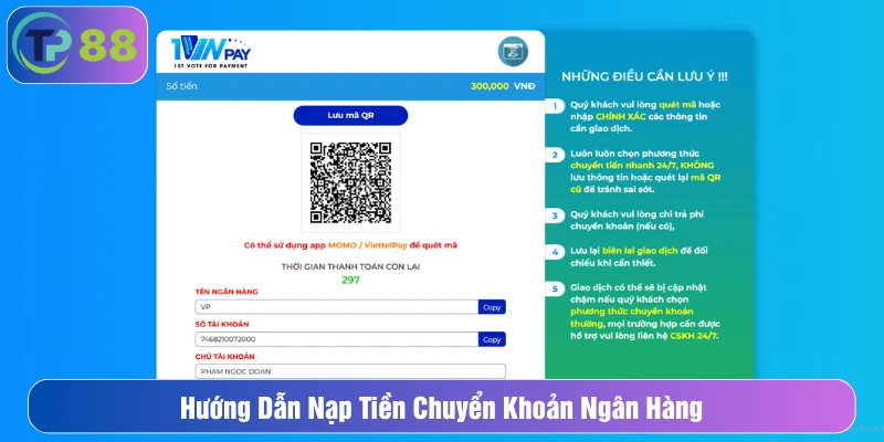 Hướng dẫn nạp tiền chuyển khoản ngân hàng